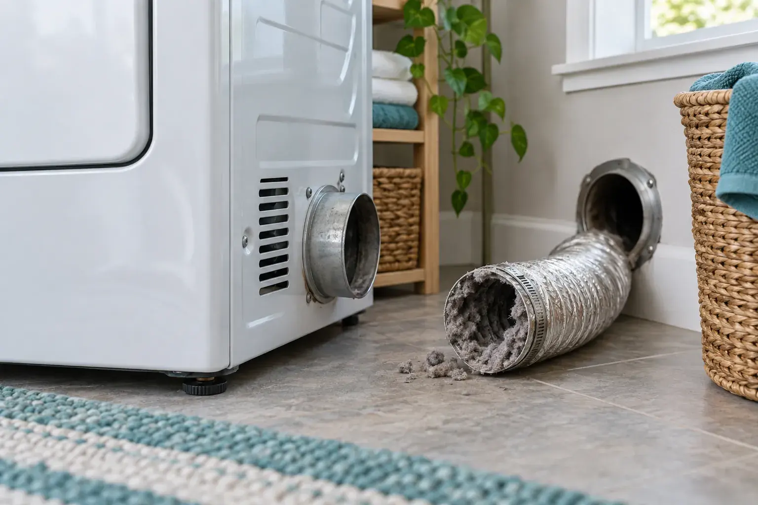 Detached dryer exhaust duct with lint near a residential dryer and wall vent